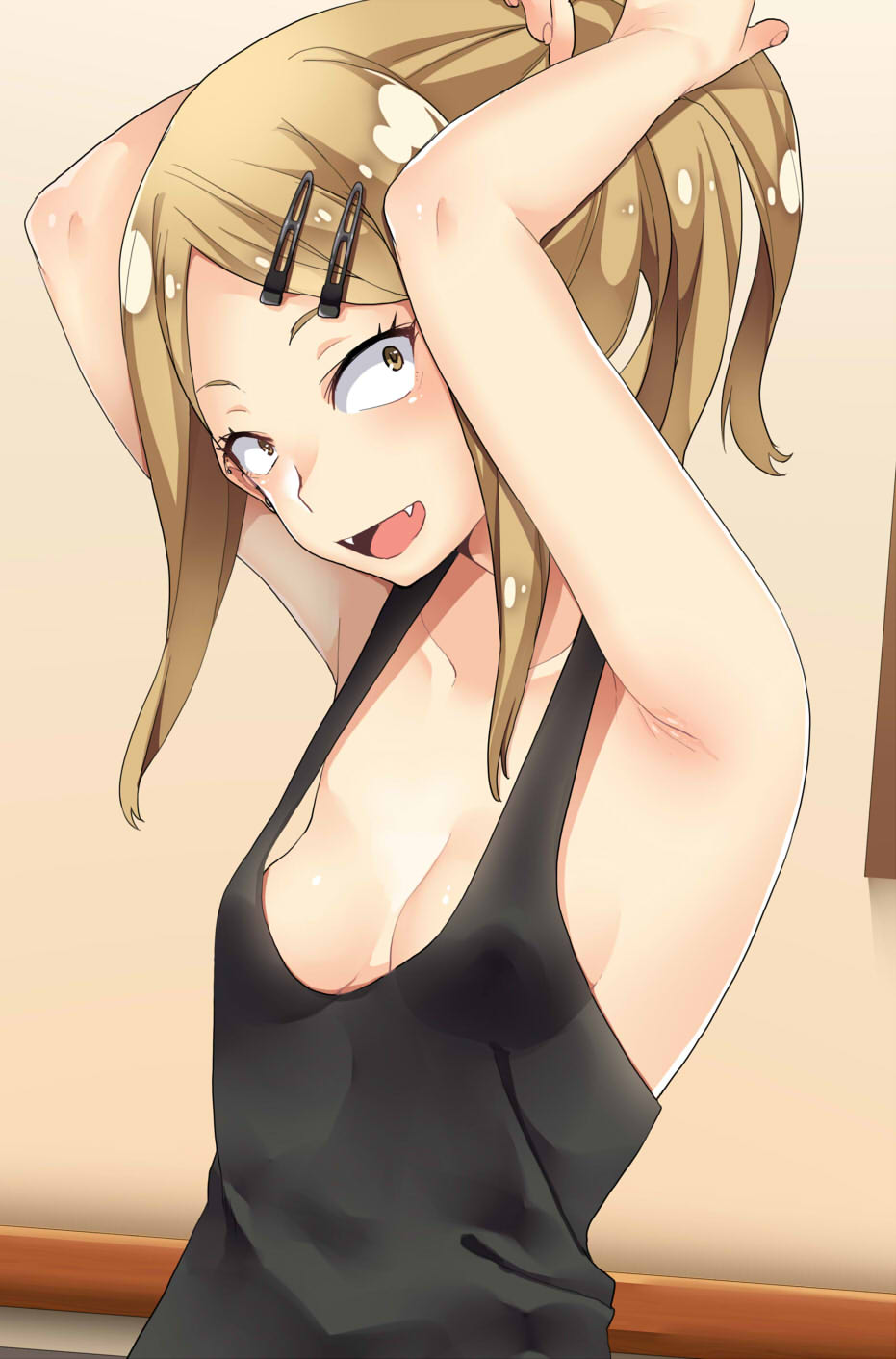1girl :d adjusting_hair armpits arms_up bare_arms bare_shoulders black_tank_top breasts brown_eyes collarbone commentary_request dagashi_kashi endou_saya_(dagashi_kashi) eyelashes fangs from_side hair_ornament hairclip happy highres indoors karasuma_yayoi light_brown_hair long_hair looking_at_viewer open_mouth ponytail raised_eyebrows sanpaku shiny shiny_hair sideboob small_breasts smile solo standing tank_top upper_body
