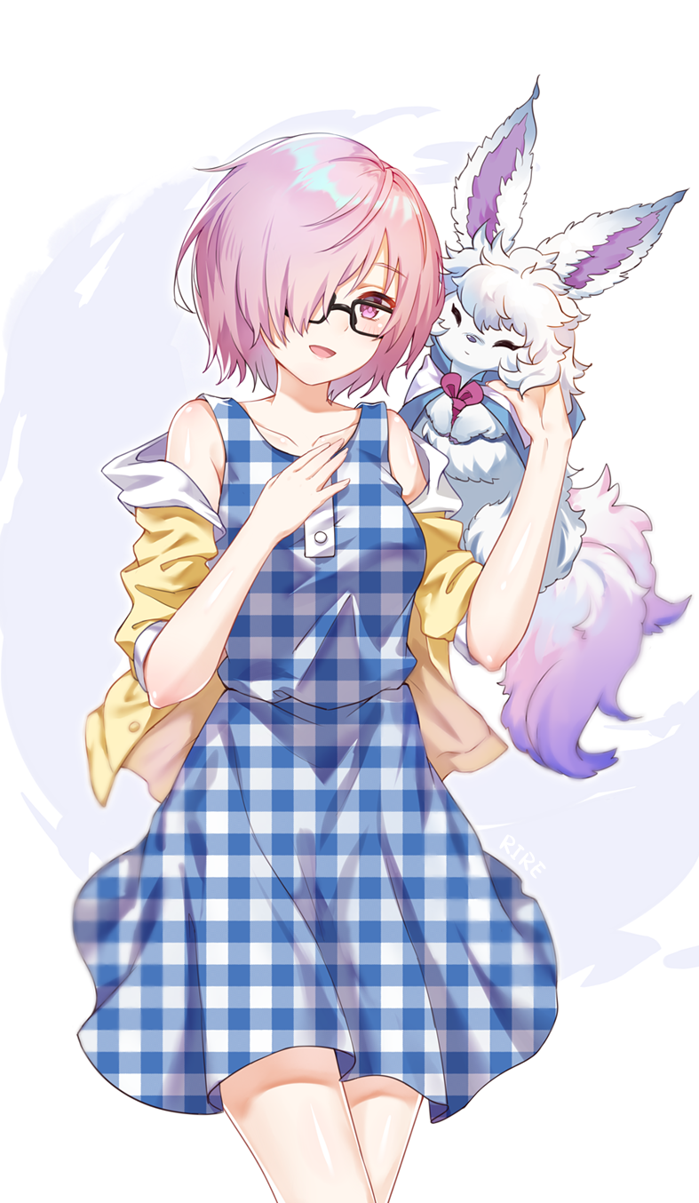 1girl :d black-framed_eyewear cardigan collarbone cowboy_shot dress eyebrows_visible_through_hair fate/grand_order fate_(series) fou_(fate/grand_order) hair_over_one_eye highres jacket open_cardigan open_clothes open_mouth pink_hair shielder_(fate/grand_order) shiny shiny_skin short_hair sleeveless sleeveless_dress smile smile_(mm-l) solo standing violet_eyes white_background yellow_jacket