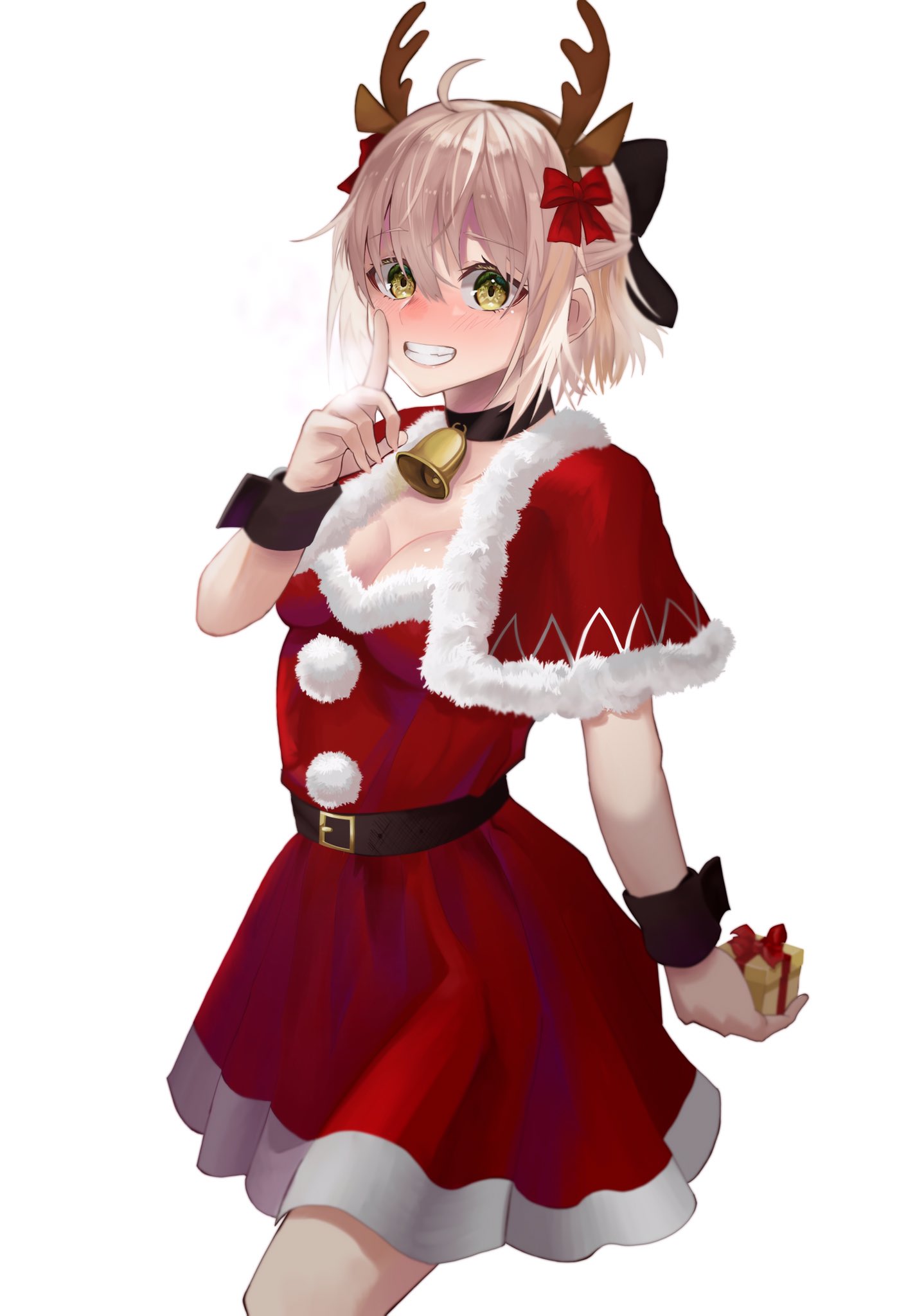 1girl antlers bangs bell belt black_belt black_bow black_choker blonde_hair bow capelet character_request choker christmas commentary_request cowboy_shot dress fake_antlers fate/grand_order fate_(series) finger_to_mouth fur-trimmed_capelet fur-trimmed_dress fur_trim gift grin hair_bow highres holding holding_gift looking_at_viewer neck_bell nida_keita okita_souji_(fate) red_capelet red_dress reindeer_antlers santa_dress short_dress short_hair shushing simple_background smile solo standing white_background wrist_cuffs yellow_eyes