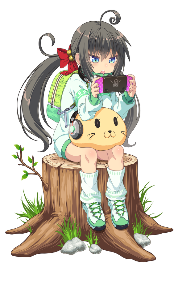 1girl ahoge bag black_hair blue_eyes character_request ears grass hair_ribbon handheld_game_console headphones jacket long_hair open_mouth playing_games playstation_portable ribbon rock shoes sitting solo stuffed_animal stuffed_toy transparent_background tree_stump tsurime venus_eleven_vivid!