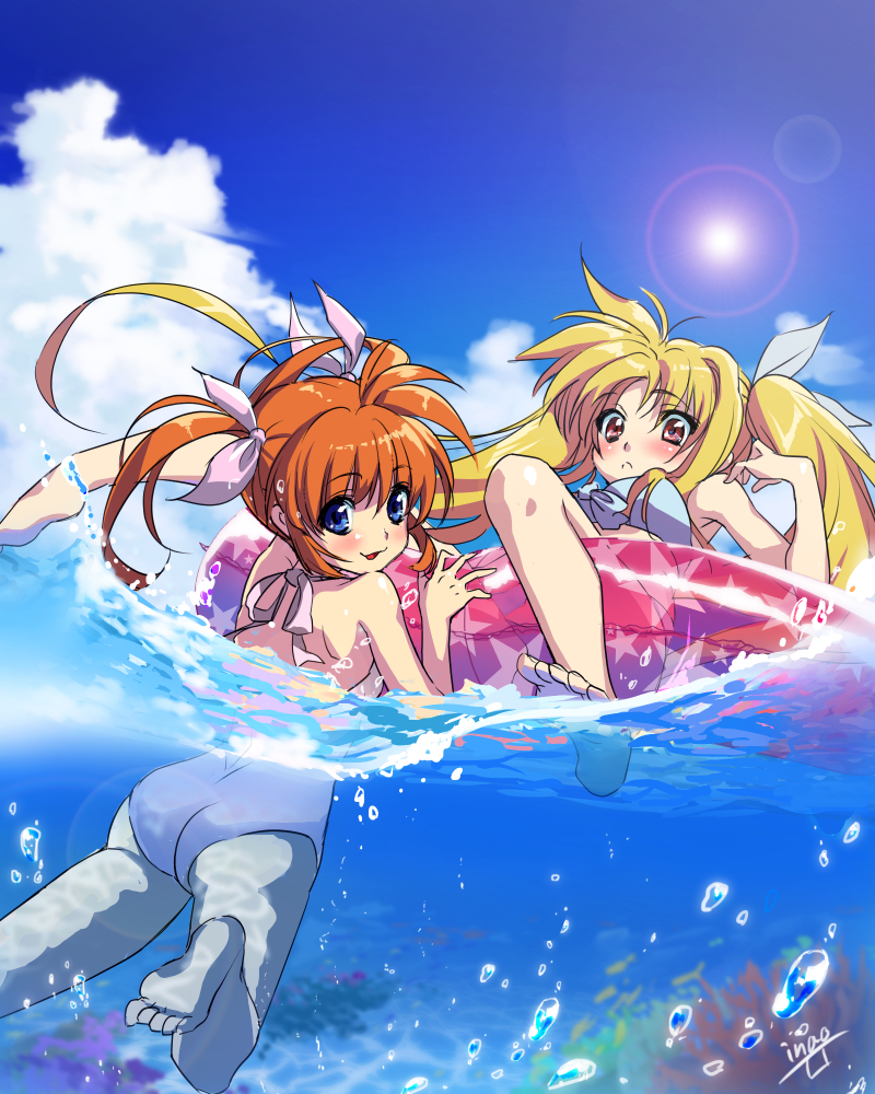 2girls artist_name ass back bikini blonde_hair blue_eyes brown_hair closed_mouth clouds cloudy_sky commentary_request day eyebrows_visible_through_hair fate_testarossa from_behind front-tie_bikini front-tie_top frown fundoshi_inao hair_ribbon innertube lens_flare lyrical_nanoha mahou_shoujo_lyrical_nanoha multiple_girls ocean one-piece_swimsuit outdoors parted_lips partially_submerged partially_underwater_shot red_eyes ribbon see-through short_twintails signature sitting sky smile soles star sun swimming swimsuit takamachi_nanoha twintails underwater white_background white_bikini white_swimsuit