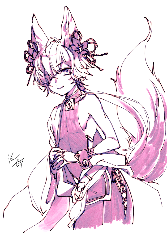 1boy animal_ears backless_outfit blush collar erun_(granblue_fantasy) fox_ears fox_tail granblue_fantasy hair_ornament hair_ribbon kou_(granblue_fantasy) long_hair male_focus navel off_shoulder ribbon smile tail