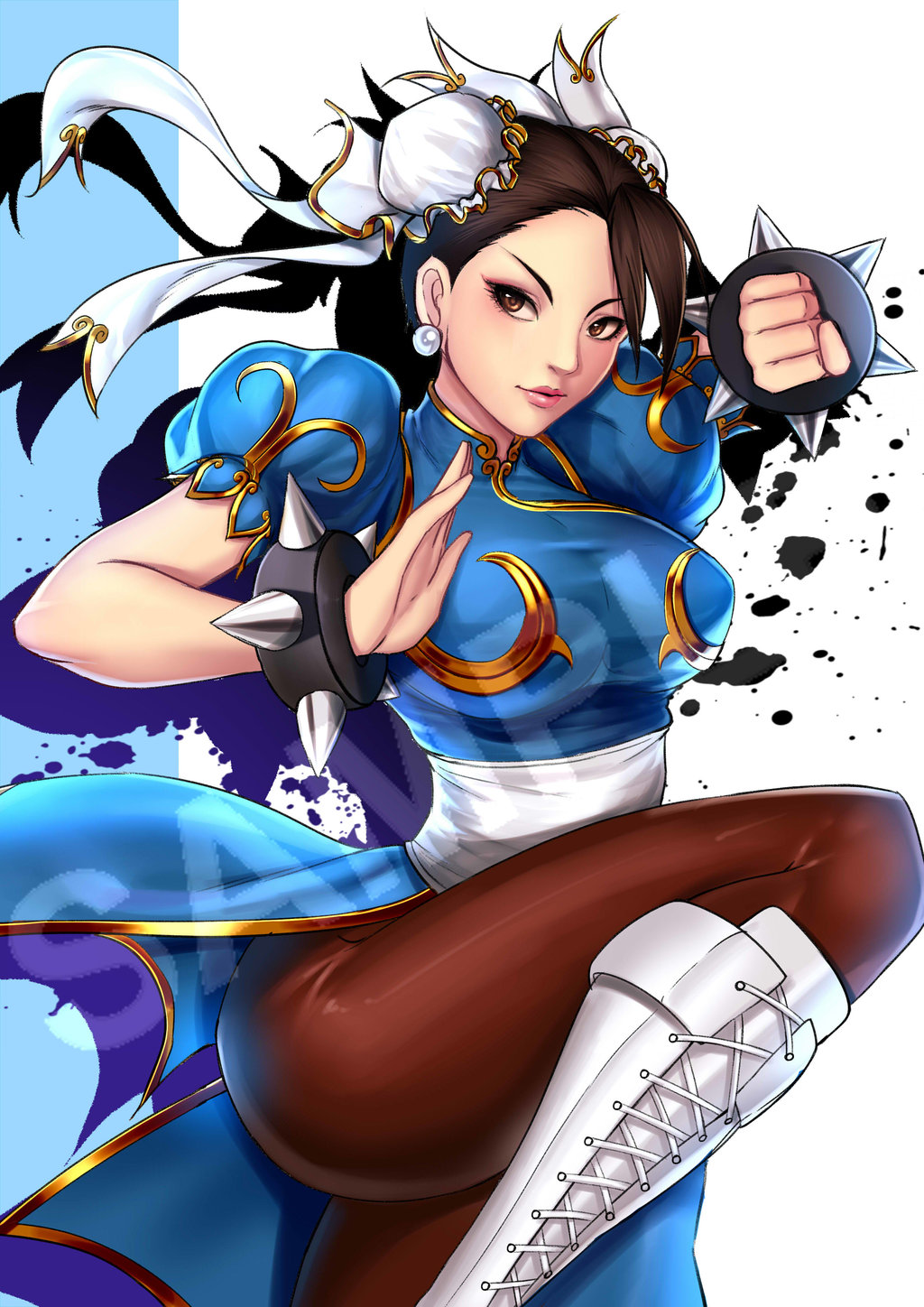 1girl bracelet breasts brown_eyes brown_hair bun_cover china_dress chinese_clothes chun-li clenched_hand double_bun dress fighting_stance highres jewelry large_breasts looking_at_viewer pantyhose pelvic_curtain sample solo spiked_bracelet spikes street_fighter yuuko_takega