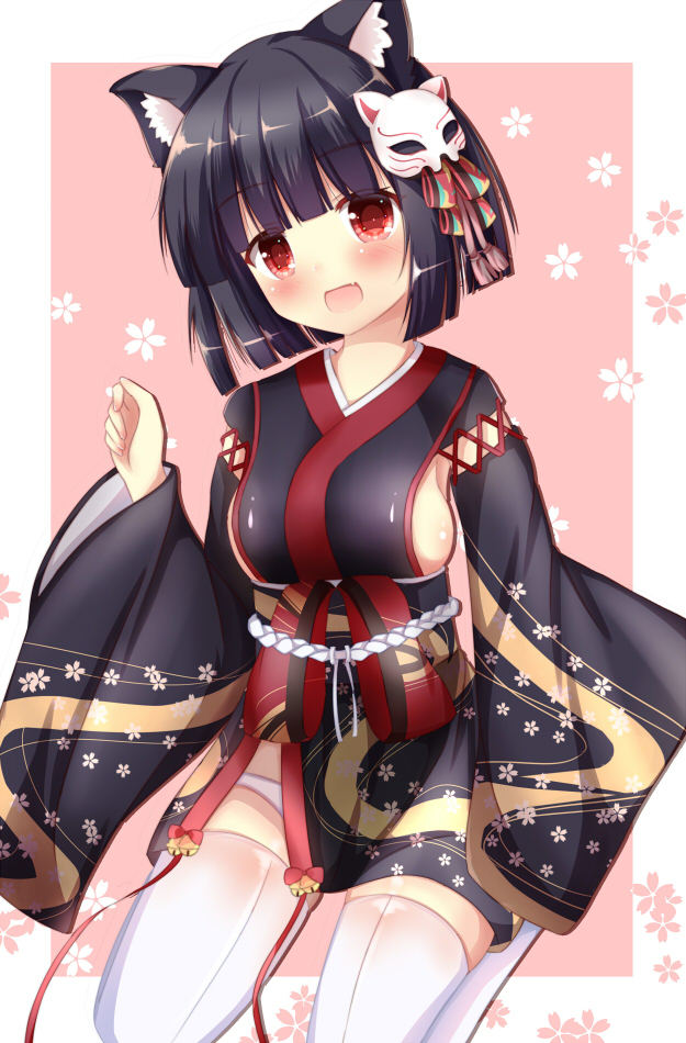 1girl :d animal_ears azur_lane black_hair blush breasts cat_ears cat_mask cat_tail commentary_request fang japanese_clothes kedama_(kedama_akaza) kimono looking_at_viewer mask mask_on_head medium_breasts open_mouth paw_pose red_eyes seiza short_hair sideboob sitting smile solo tail thigh-highs yamashiro_(azur_lane) yukata zettai_ryouiki