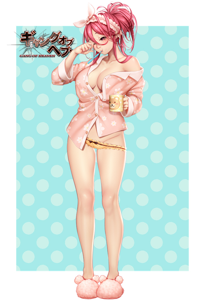 1girl bare_legs blush breasts cleavage coffee_mug collarbone copyright_name floral_print frills full_body gang_of_heaven groin hair_between_eyes hairband holding large_breasts legs_apart long_hair long_sleeves looking_down masami_chie mouth_hold no_bra off_shoulder official_art one_eye_closed outside_border pajamas panties partially_unbuttoned pink_footwear polka_dot polka_dot_background ponytail red_eyes redhead sidelocks single_bare_shoulder slippers solo standing toothbrush underwear wiping_face yellow_panties