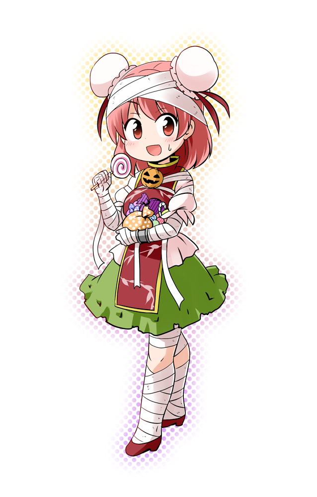 1girl bandage bandaged_arm bun_cover candy chinese_clothes cuffs double_bun food hair_bun halloween_costume ibaraki_kasen jack-o'-lantern kousei_(public_planet) lollipop open_mouth pink_hair red_eyes shackles short_hair smile solo tabard touhou