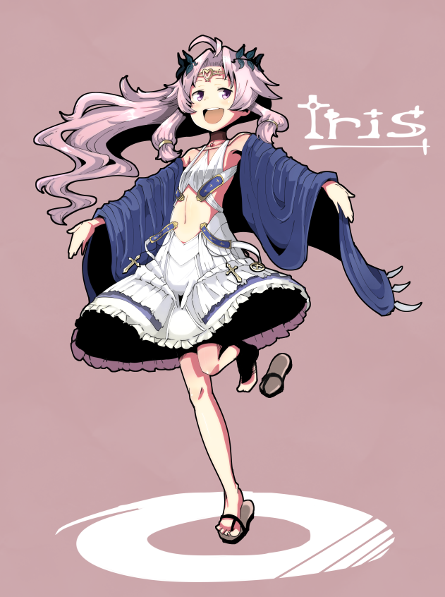 1girl :d antenna_hair bangs character_name circlet collarbone flat_chest floating_hair full_body hachimitsucoffee iris_(sennen_sensou_aigis) leg_up long_hair navel open_mouth outstretched_arms parted_bangs pink_eyes pink_hair sandals sandals_removed sennen_sensou_aigis sidelocks skirt smile solo standing standing_on_one_leg very_long_hair white_skirt