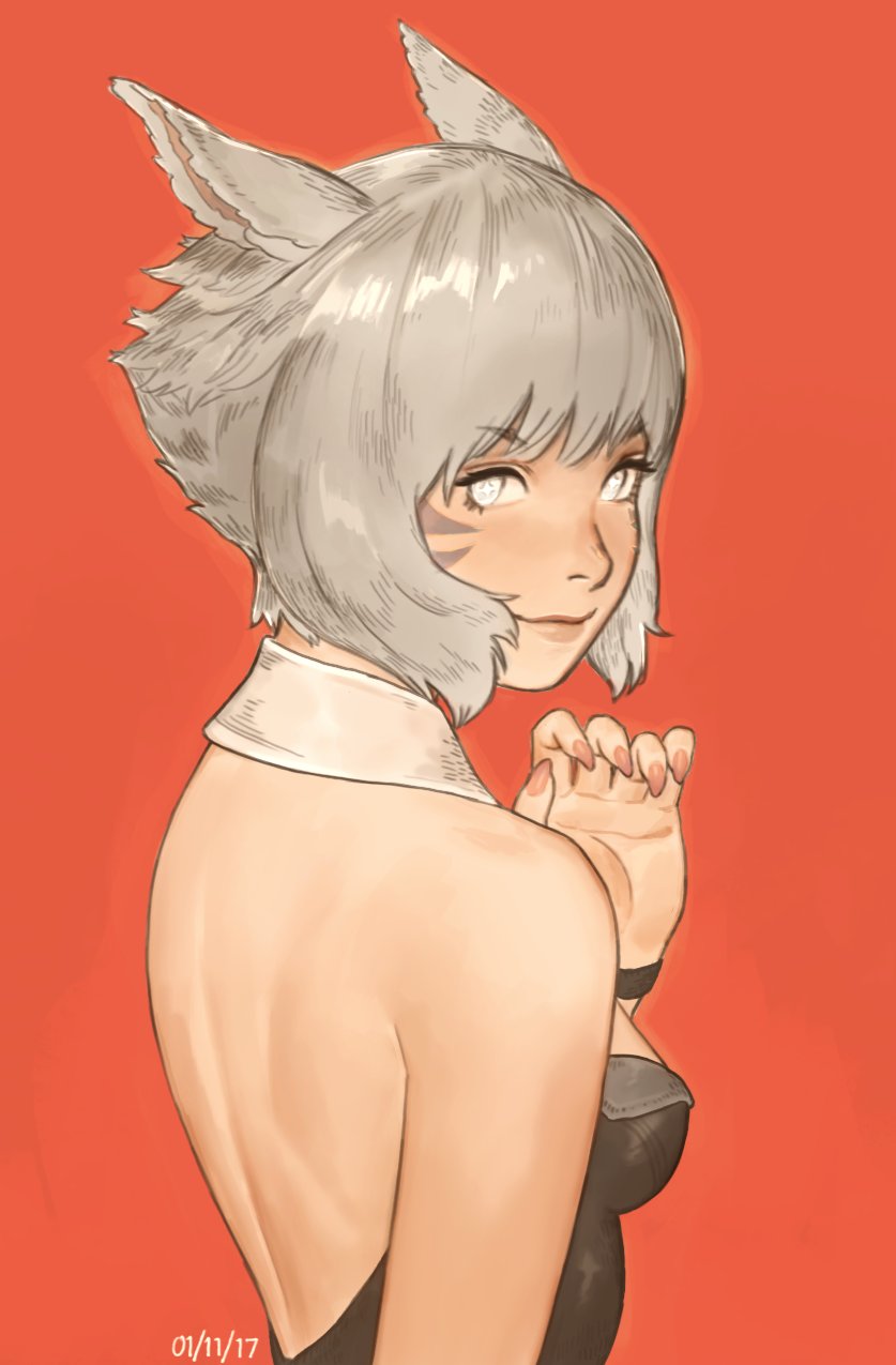 +_+ 1girl animal_ears bare_shoulders bustier cat_ears dated detached_collar facial_mark final_fantasy final_fantasy_xiv grey_eyes hartova_maverick highres looking_at_viewer miqo'te nail_polish profile short_hair silver_hair simple_background smile solo standing upper_body y'shtola