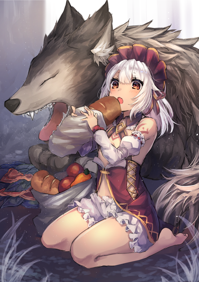 1girl apple bag baguette bangs bare_legs bloomers blush bread brown_eyes carrot detached_sleeves eating eyebrows_visible_through_hair fang food frills fruit hair_between_eyes headdress open_mouth original ribbon-trimmed_sleeves ribbon_trim seiza shikino_yuki shoulder_tattoo sidelocks silver_hair sitting solo tareme tattoo thighs underwear wolf