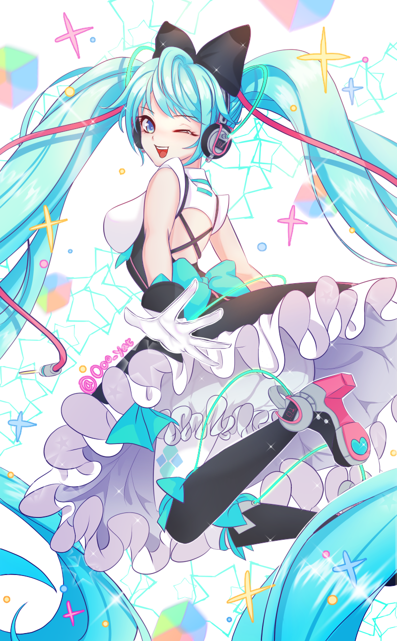 1girl absurdly_long_hair aqua_eyes aqua_hair boots dress gloves hatsune_miku headphones high_heels highres knee_boots long_hair looking_at_viewer looking_back magical_mirai_(vocaloid) o_yat one_eye_closed open_mouth pantyhose solo twintails twitter_username very_long_hair vocaloid white_background