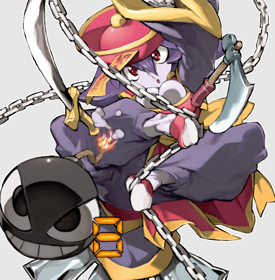 1girl :o axe bangs bomb bow breasts bursting_breasts chains chinese_clothes claws cleavage_cutout fire flipped_hair fuse hair_between_eyes hat jiangshi large_breasts legs_apart lei_lei long_sleeves looking_at_viewer ofuda open_mouth outline pants pink_hat pink_shirt purple_hair purple_pants purple_skin red_eyes sash scimitar shirt short_hair side_slit silver_background simple_background sleeves_past_wrists solo sword tomahawk vampire_(game) weapon white_outline wide_sleeves yellow_bow ysk! zombie