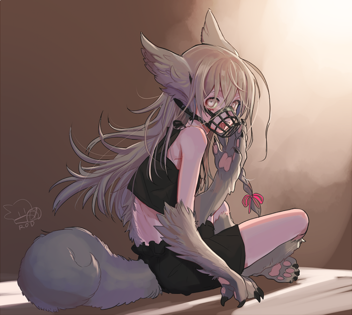 1girl animal_ears artist_name bare_shoulders braid claws commentary_request crop_top d fang full_body hair_ribbon hoshi_shouko idolmaster idolmaster_cinderella_girls indoors kemonomimi_mode korean light_brown_eyes light_brown_hair long_hair looking_at_viewer muzzle paws pink_ribbon ribbon rod_(rod4817) side_braid signature sitting solo tail tress_ribbon wolf_ears wolf_tail