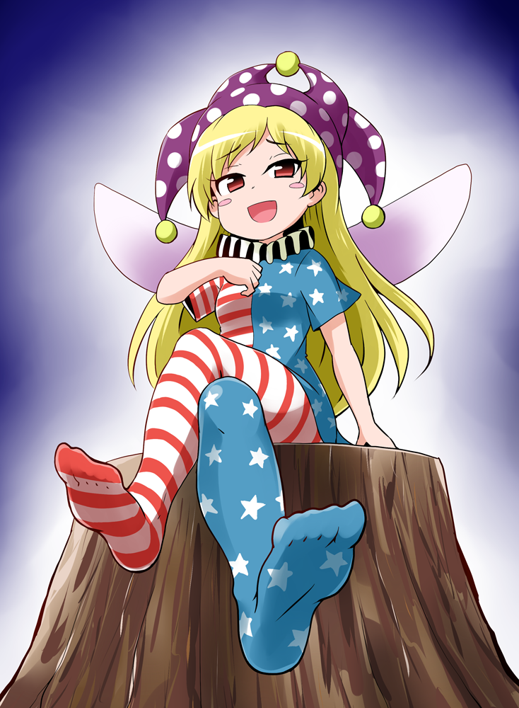 1girl american_flag_dress american_flag_legwear blonde_hair blue_background blush_stickers clownpiece commentary_request dress feet full_body gradient gradient_background hat jester_cap kousei_(public_planet) legs_crossed long_hair looking_at_viewer neck_ruff no_shoes open_mouth pantyhose polka_dot purple_hat red_eyes short_dress short_sleeves sitting smile soles solo star star_print striped toes touhou tree_stump very_long_hair white_background