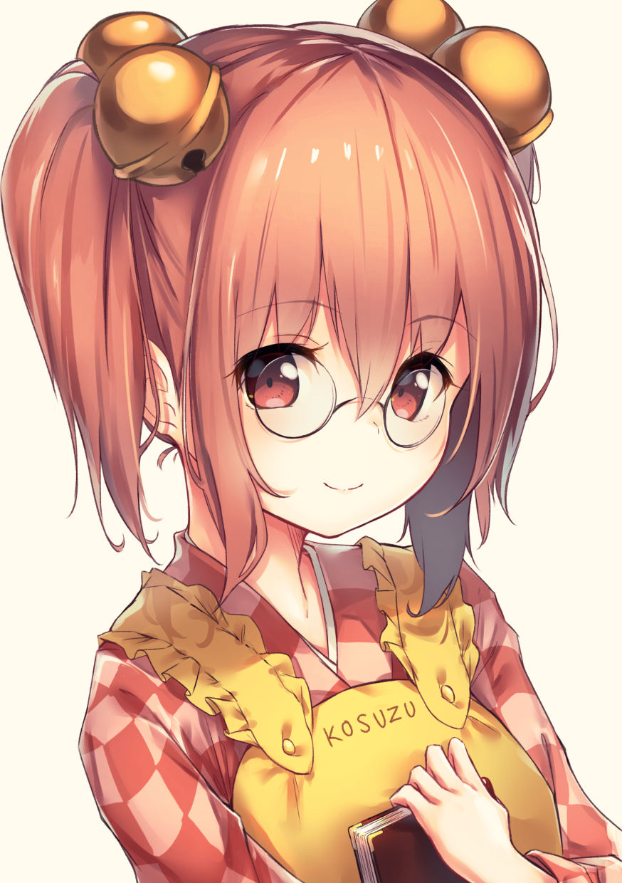 1girl alternate_hairstyle apron bangs bell book borushichi character_name checkered checkered_kimono closed_mouth glasses hair_bell hair_ornament highres japanese_clothes jingle_bell kimono looking_at_viewer motoori_kosuzu object_hug red_eyes redhead round_eyewear smile solo touhou two_side_up upper_body