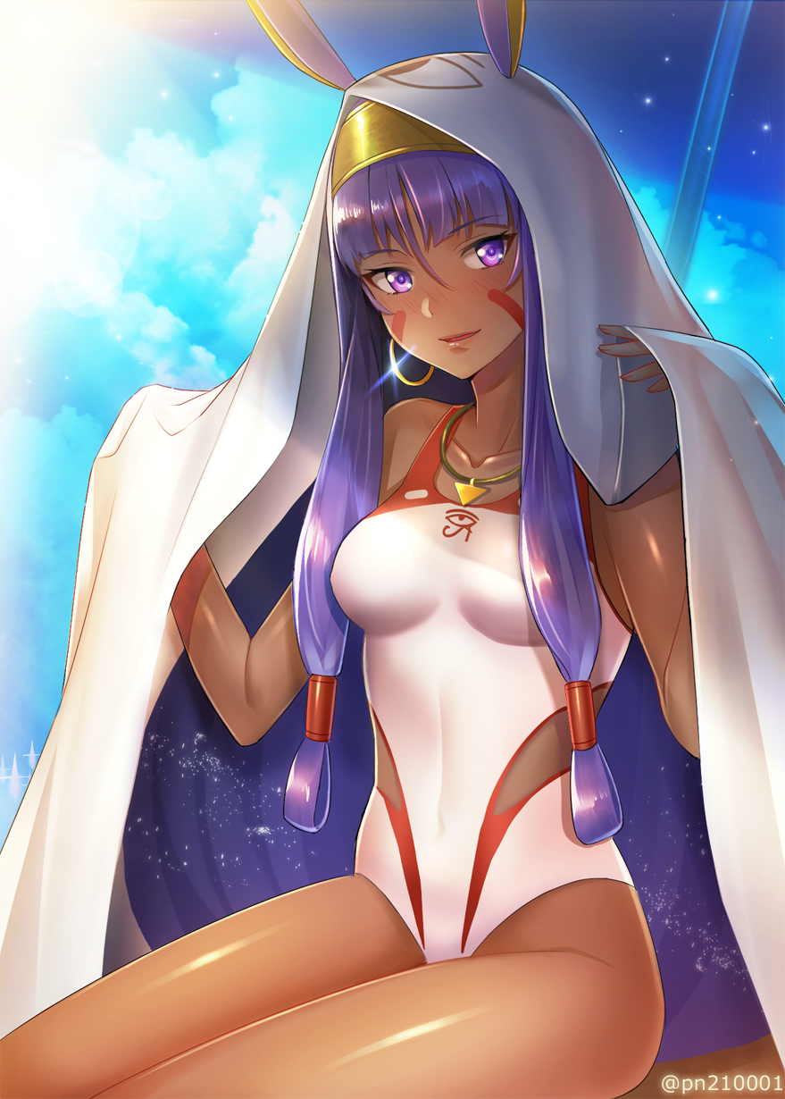 1girl animal_ears bangs blush clouds dark_skin day earrings facial_mark fate/grand_order fate_(series) hair_between_eyes hair_tubes hairband highres hoop_earrings jackal_ears jewelry long_hair looking_at_viewer medjed nitocris_(fate/grand_order) nitocris_(swimsuit_assassin)_(fate) nose_blush one-piece_swimsuit outdoors pantsu_majirou parted_lips purple_hair sitting smile solo swimsuit very_long_hair violet_eyes