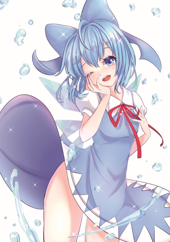 1girl blue_bow blue_eyes blue_hair blush bow cirno eyebrows_visible_through_hair hair_bow head_in_hand looking_at_viewer o_yat one_eye_closed open_mouth puffy_short_sleeves puffy_sleeves red_ribbon ribbon short_hair short_sleeves smile solo touhou water_drop