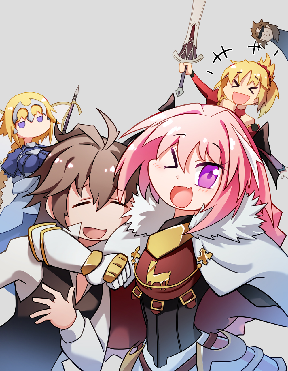 2girls 3boys armor bandeau black_bow blonde_hair blue_eyes bow braid cape clarent commentary fang fate/apocrypha fate/grand_order fate_(series) french_braid gauntlets hair_ribbon headpiece highres long_hair looking_at_viewer multicolored_hair multiple_boys multiple_girls open_mouth pink_hair ponytail ribbon rider_of_black ruler_(fate/apocrypha) saber_of_red scrunchie shishigou_kairi sieg_(fate/apocrypha) silver_background single_braid smile standard_bearer streaked_hair trap violet_eyes xin_yu_hua_yin