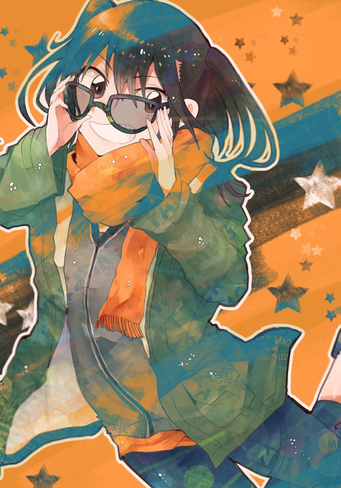 1girl alternate_costume brown_eyes brown_hair casual coat green_coat grin itomugi-kun kantai_collection orange_background scarf sendai_(kantai_collection) smile solo star sunglasses twintails two-tone_background vest