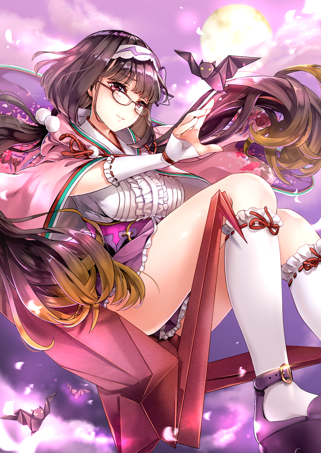 1girl bat black_hair blush brown_hair clouds fate/grand_order fate_(series) full_moon gradient_hair hane_yuki highres long_hair looking_at_viewer low_twintails moon multicolored_hair origami osakabe-hime_(fate/grand_order) paper_crane petals purple_skirt red-framed_eyewear skirt smile twintails very_long_hair violet_eyes