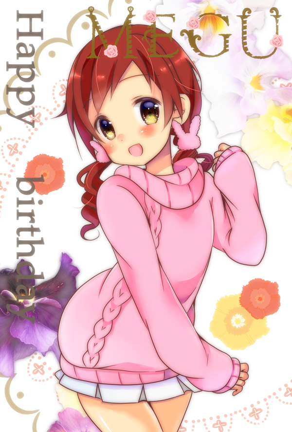 1girl :d aran_sweater bangs blush brown_hair bunny_hair_ornament character_name commentary_request cowboy_shot eyebrows_visible_through_hair floral_background gochuumon_wa_usagi_desu_ka? hair_ornament happy_birthday long_sleeves looking_at_viewer low_twintails natsu_megumi open_mouth pink_sweater pleated_skirt ringlets skirt sleeves_past_wrists smile solo sui_(momokanten) sweater twintails white_background white_skirt yellow_eyes