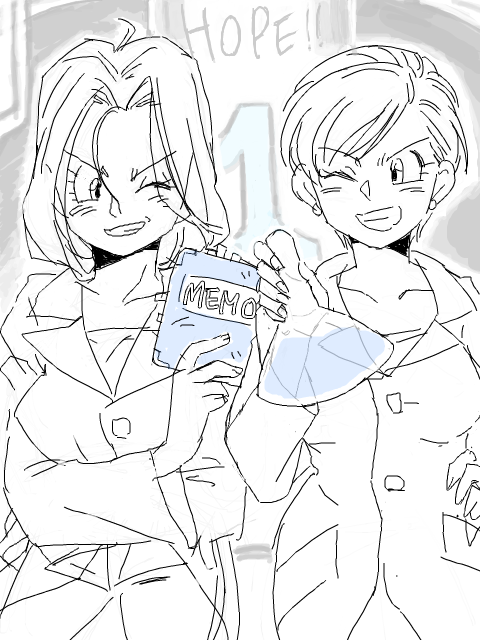 2girls ;) bottle bulma dragon_ball dragon_ball_super dragonball_z dual_persona earrings eyebrows_visible_through_hair greyscale grin jewelry labcoat long_hair looking_at_another monochrome multiple_girls notebook one_eye_closed short_hair smile yochimune