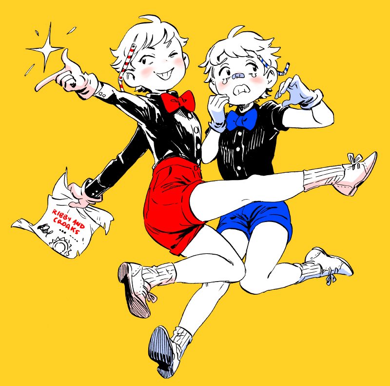 2boys black_shirt blue_shorts brothers clenched_teeth contract cuphead cuphead_(game) drinking_straw full_body gijinka mugman multiple_boys personification red_shorts rem_(artist) shirt short_sleeves shorts siblings simple_background teeth white_hair yellow_background