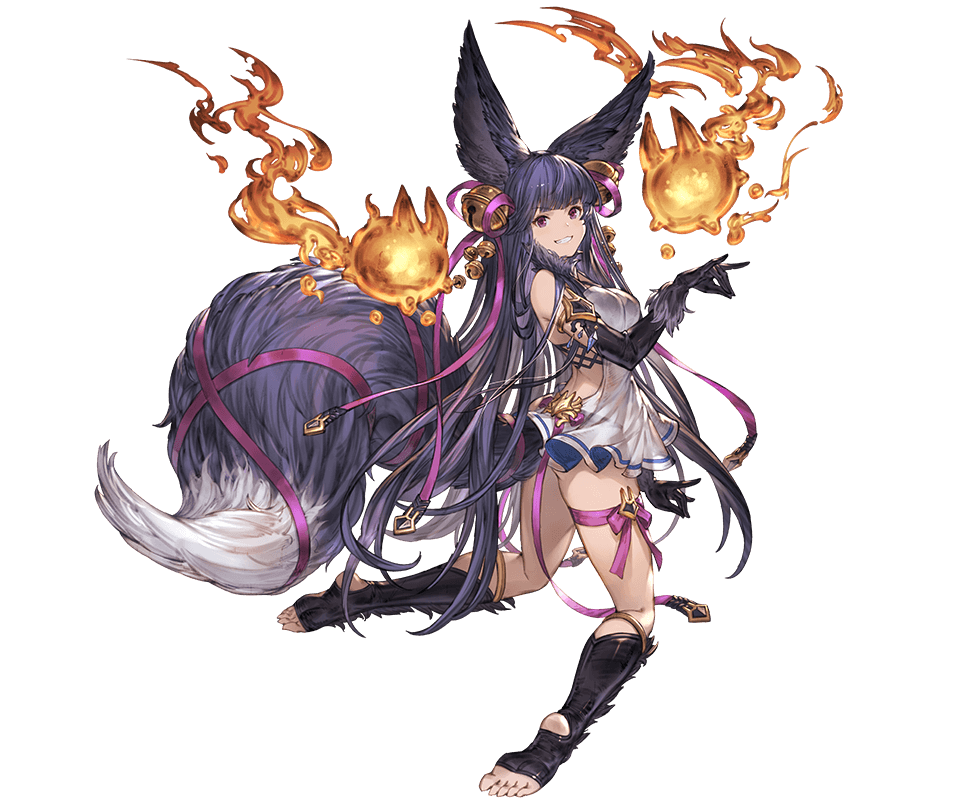 1girl animal_ears bangs bare_shoulders bell black_hair breasts dress elbow_gloves erun_(granblue_fantasy) fox_ears fox_tail full_body fur_trim gloves granblue_fantasy grin hair_ornament kneeling looking_at_viewer looking_back medium_breasts minaba_hideo official_art short_dress smile solo tail thigh-highs thigh_strap toeless_legwear transparent_background violet_eyes yuel_(granblue_fantasy)