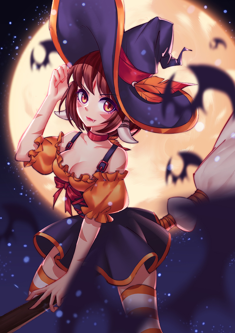1girl bat black_skirt black_sky breasts broom broom_riding brown_eyes brown_hair cleavage collar facepaint fang full_moon halloween hat hat_feather looking_at_viewer md5_mismatch medium_breasts mengzhi moon night night_sky orange_feathers puffy_short_sleeves puffy_sleeves red_collar short_sleeves skirt sky solo star_(sky) starry_sky striped striped_legwear thigh-highs witch witch_hat