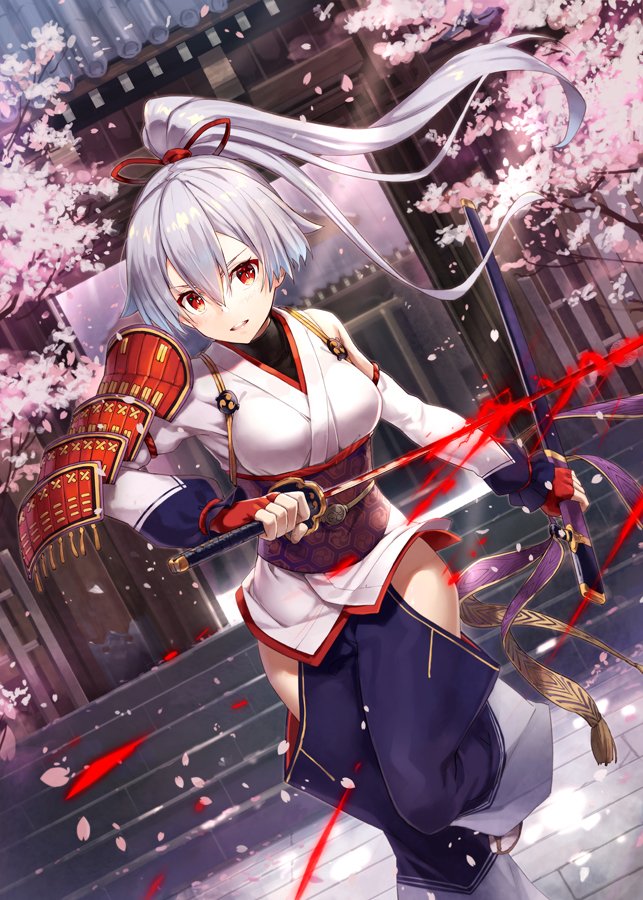 1girl bright_pupils cherry_blossoms fate/grand_order fate_(series) fingerless_gloves gabiran gloves hair_between_eyes hair_ribbon high_ponytail hip_vent japanese_clothes katana long_sleeves obi outdoors parted_lips petals red_eyes red_gloves ribbon sandals sash sheath silver_hair solo standing standing_on_one_leg sunlight sword tomoe_gozen_(fate/grand_order) weapon