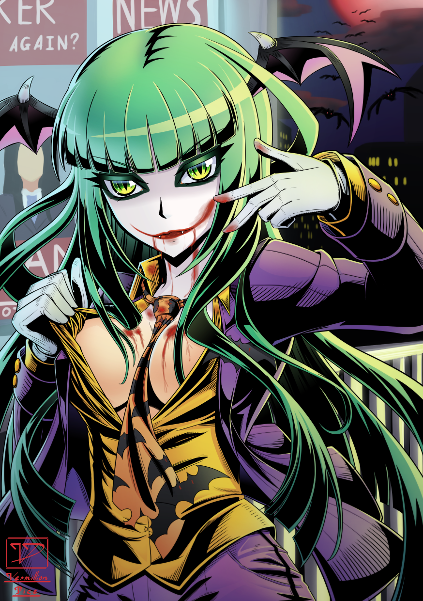 1girl batman_(series) breasts canine cleavage cosplay dc_comics formal gloves green_eyes green_hair head_wings highres large_breasts long_hair long_sleeves makeup morrigan_aensland necktie smile solo suit the_joker the_joker_(cosplay) vampire_(game) vermillion_dice wings