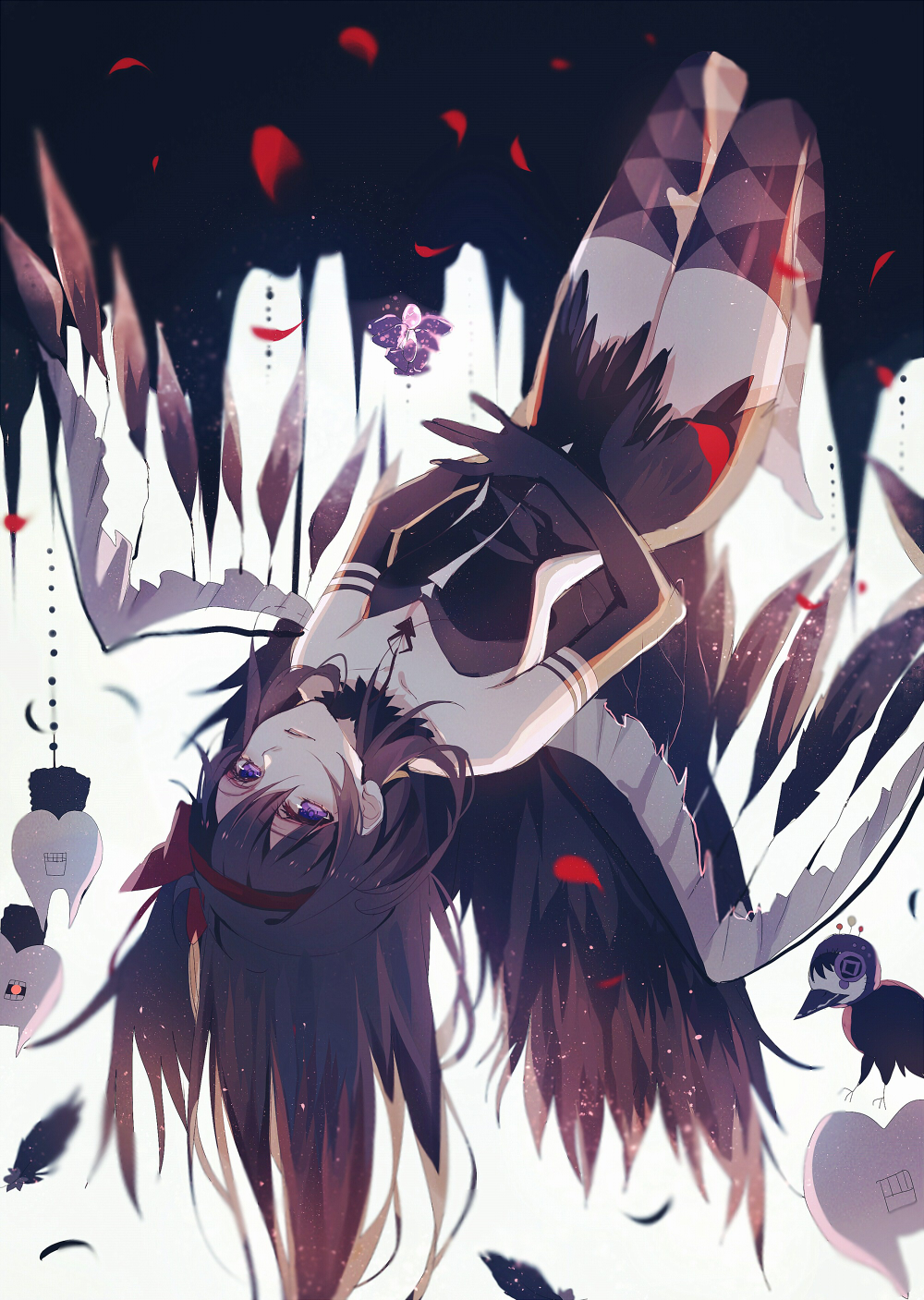 1girl akemi_homura akuma_homura argyle argyle_legwear black_dress black_gloves black_hair commentary dress elbow_gloves flying gloves hairband highres legs_together lococo:p long_hair looking_at_viewer mahou_shoujo_madoka_magica no-shoes parted_lips solo thigh-highs upside-down violet_eyes wings