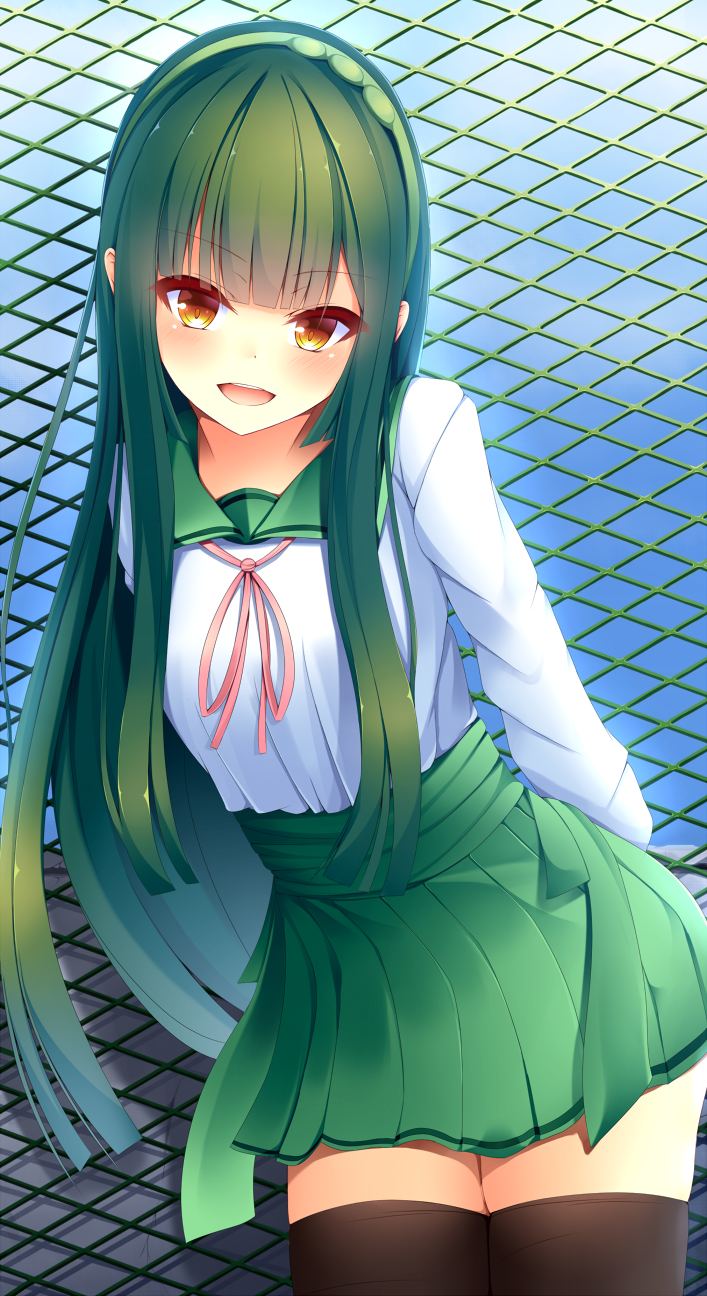 1girl :d against_fence arms_behind_back bangs black_legwear blue_sky blunt_bangs blush chain-link_fence cowboy_shot day eyebrows_visible_through_hair eyelid_piercing fence green_hair green_hairband highres kiseno leaning_to_the_side long_hair long_sleeves looking_at_viewer open_mouth outdoors piercing pink_ribbon pleated_skirt red_eyes ribbon school_uniform serafuku shirt sidelocks skirt sky smile solo standing straddling thigh-highs touhoku_zunko very_long_hair voiceroid white_shirt zettai_ryouiki