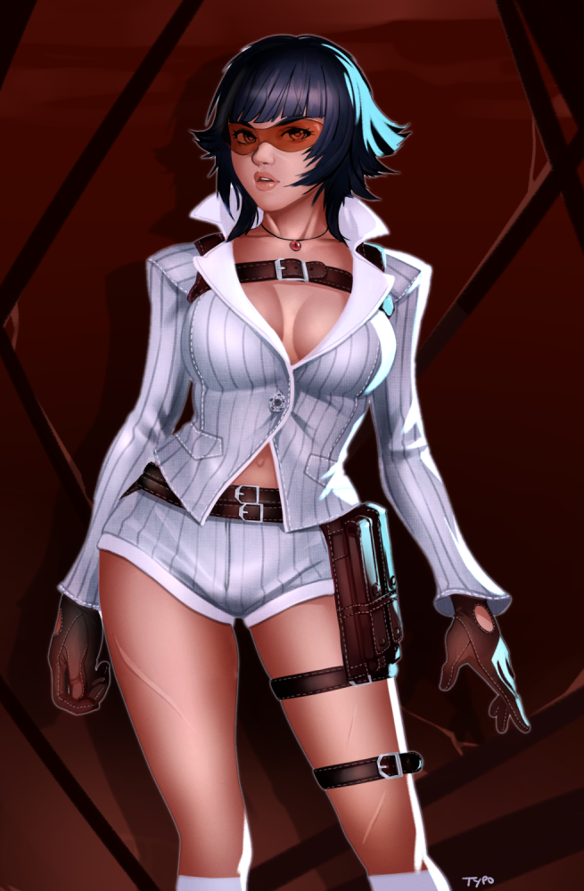 1girl black_hair breasts cleavage devil_may_cry gloves holster jewelry lady_(devil_may_cry) large_breasts lips looking_at_viewer necklace parted_lips rimless_eyewear scar short_hair shorts solo standing sunglasses thigh_holster thigh_strap typo_(requiemdusk)