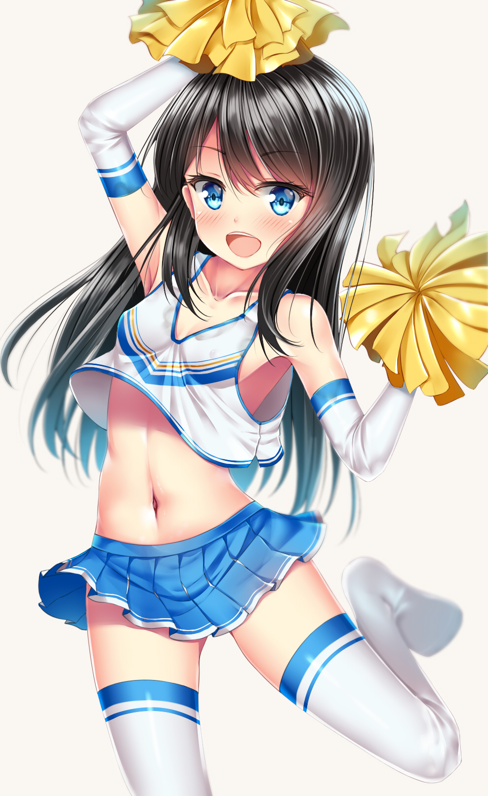 1girl :d alternate_costume arm_up armpits asashio_(kantai_collection) bangs bare_shoulders black_hair blue_eyes blue_skirt blurry blush breasts cheering cheerleader collarbone depth_of_field elbow_gloves eyebrows_visible_through_hair gloves hair_between_eyes highres kantai_collection leg_up long_hair navel no_shoes open_mouth pleated_skirt pom_poms puririn skirt sleeveless small_breasts smile solo standing standing_on_one_leg stomach swept_bangs tank_top thigh-highs white_gloves white_legwear zettai_ryouiki