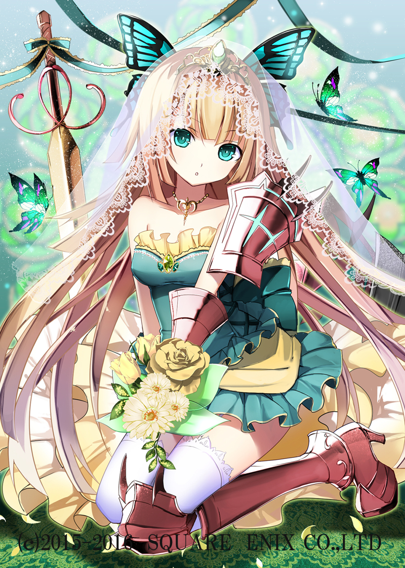 1girl :o armor bangs bare_shoulders blonde_hair blunt_bangs boots bouquet butterfly butterfly_hair_ornament day diadem dress eyebrows_visible_through_hair flower gauntlets gem grass green_dress green_eyes hair_ornament head_tilt high_heel_boots high_heels holding holding_bouquet jewelry kaku-san-sei_million_arthur kneeling long_hair looking_at_viewer necklace official_art outdoors parted_lips pauldrons single_bare_shoulder single_gauntlet single_pauldron single_thigh_boot solo sword thigh-highs thigh_boots veil very_long_hair watermark weapon white_legwear yuuki_kira