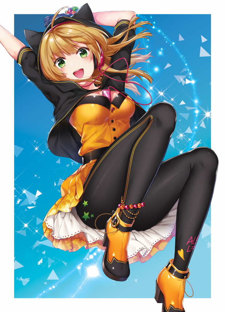 1girl :d ahoge animal_hood ankle_boots anklet arms_up bangs belt between_breasts blue_background blush boots breasts brown_hair buckle cat_hood cleavage clothes_writing digital_media_player dress eyebrows_visible_through_hair gradient gradient_background headphones heart hood hood_up ipod jewelry leggings long_hair looking_at_viewer maru_(sw1tch) medium_breasts midair open_mouth orange_dress orange_footwear original petticoat short_sleeves smile solo sparkle star triangle
