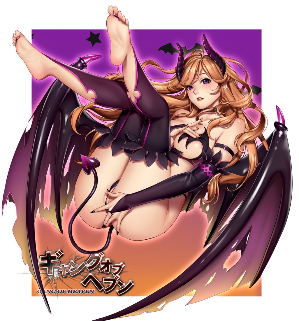 1girl ass bangs bare_shoulders barefoot blush breasts bridal_gauntlets brown_eyes collarbone commentary covering covering_ass demon_girl demon_horns demon_tail demon_wings eyebrows_visible_through_hair feet fingernails gang_of_heaven gradient gradient_background horns large_breasts logo long_hair looking_at_viewer masami_chie no_shoes official_art open_mouth parted_lips soles solo tail tattoo thigh-highs toes violet_eyes wings
