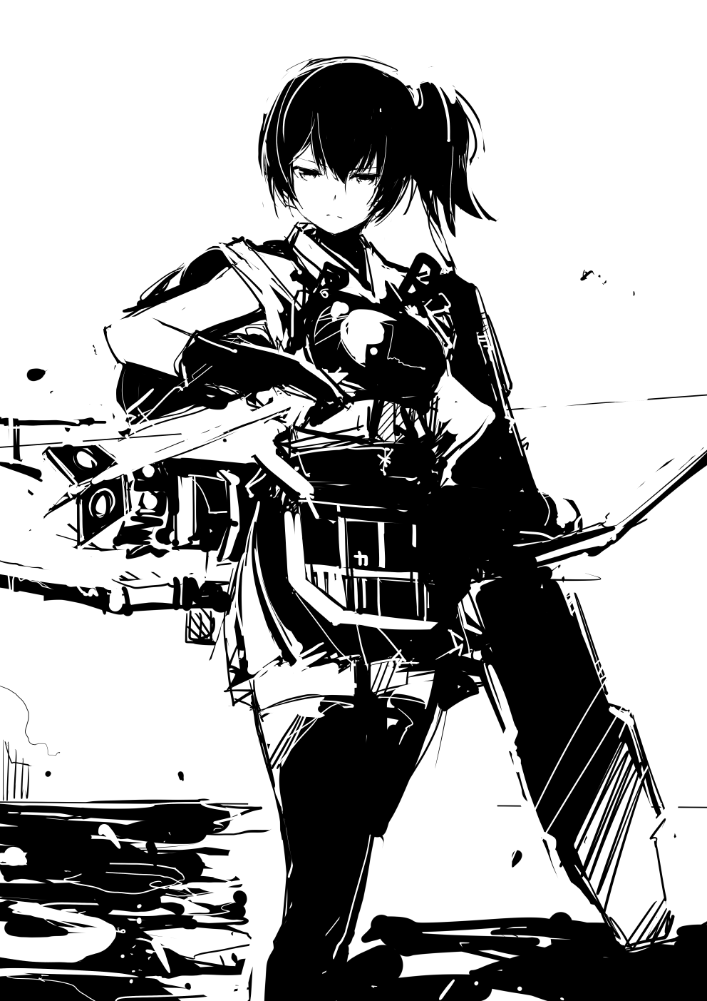1girl archery arm_up arrow black_legwear bow_(weapon) breasts brown_eyes brown_hair expressionless eyebrows_visible_through_hair flight_deck full_body gloves greyscale hair_between_eyes hair_up hakama_skirt highres japanese_clothes kaga_(kantai_collection) kantai_collection kyuudou looking_at_viewer monochrome muneate ocean quiver radio_antenna side_ponytail single_glove sketch skirt solo tabi thigh-highs uniform water weapon white_background yototeitoku