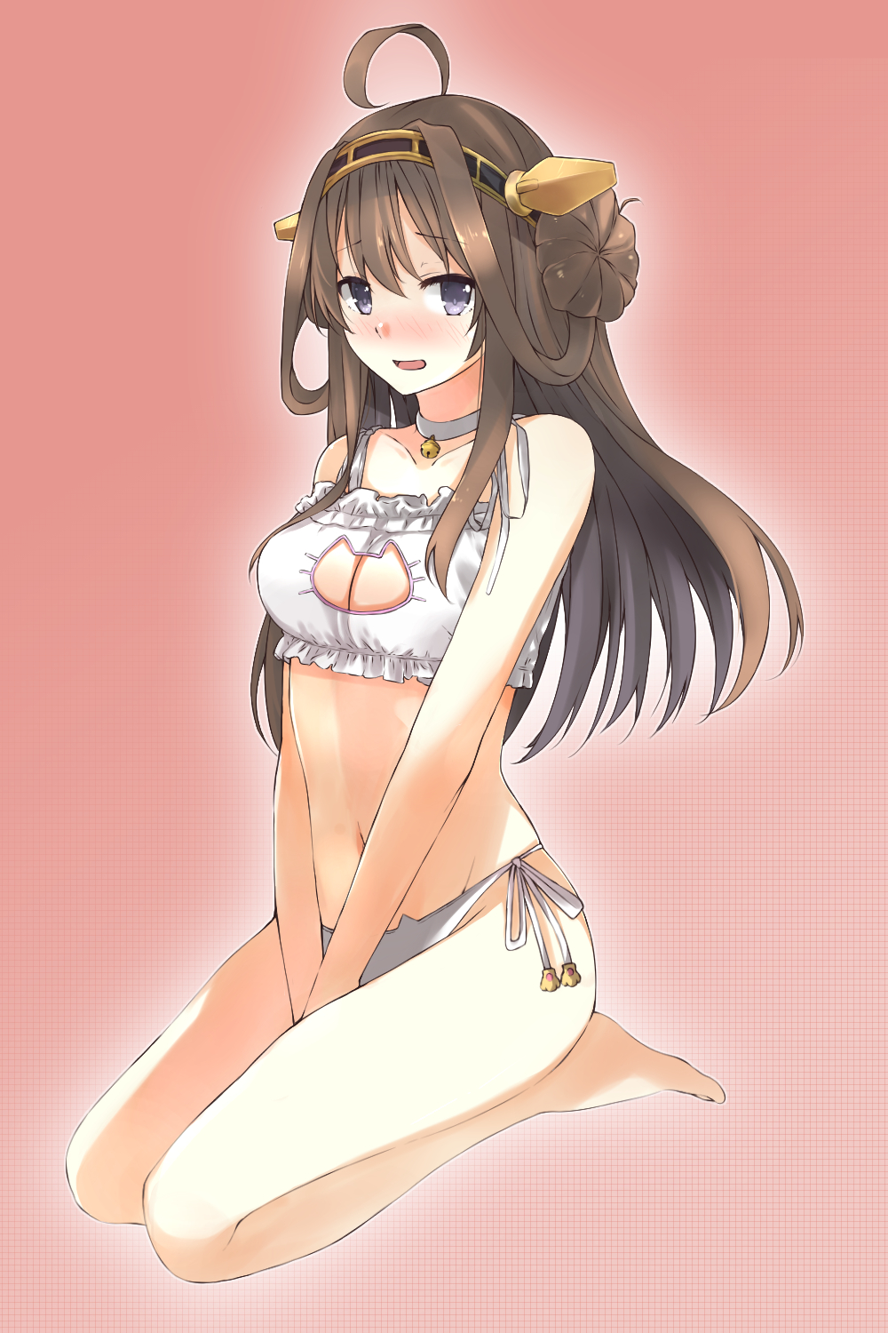 1girl :d ahoge bangs bare_arms bare_legs bare_shoulders barefoot bell bell_choker between_legs black_neckwear blush bra brown_hair cat_cutout cat_ear_panties cat_lingerie choker collarbone eyebrows_visible_through_hair frilled_bra frills full_body hair_bun hand_between_legs headgear highres jingle_bell kantai_collection kongou_(kantai_collection) long_hair looking_at_viewer meme_attire myuto_(advent_retribution) navel nose_blush open_mouth own_hands_together panties seiza side-tie_panties sitting smile solo stomach underwear underwear_only v_arms violet_eyes white_bra white_panties