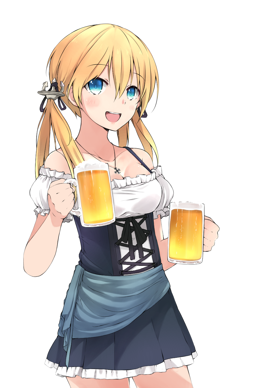 1girl :d alcohol alternate_costume anchor_hair_ornament bare_shoulders beer beer_mug black_dress blonde_hair blue_eyes blush bra_strap breasts cleavage collarbone cowboy_shot dirndl dress eyebrows_visible_through_hair frilled_dress frilled_sleeves frills german_clothes hair_between_eyes hair_ornament highres jewelry kantai_collection long_hair looking_at_viewer medium_breasts myuto_(advent_retribution) necklace off-shoulder_dress off_shoulder open_mouth pendant prinz_eugen_(kantai_collection) puffy_short_sleeves puffy_sleeves round_teeth short_sleeves simple_background smile solo standing strap_gap tareme teeth underbust white_background