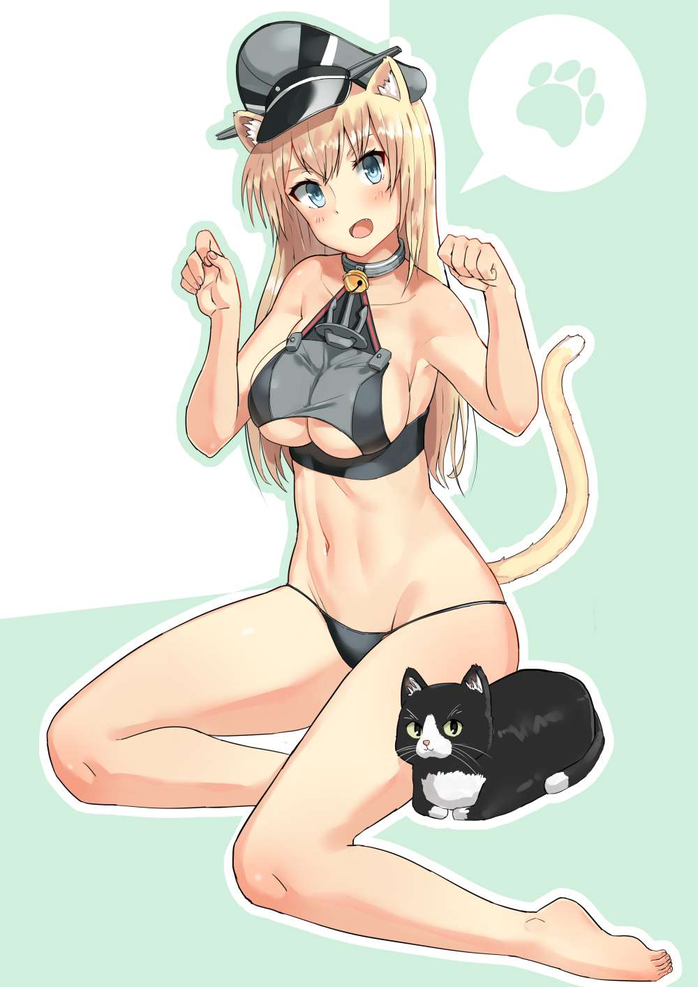&gt;:d 1girl :d abs adapted_costume animal_ears bare_legs bare_shoulders barefoot bell bell_collar bikini bikini_bottom bismarck_(kantai_collection) blonde_hair blue_eyes blush breasts cat cat_ears cat_tail cleavage collar commentary_request fang full_body grey_bikini hat head_tilt highres jingle_bell jpeg_artifacts kantai_collection kemonomimi_mode large_breasts long_hair navel open_mouth paw_print peaked_cap revision simple_background sitting smile soil_chopsticks solo speech_bubble swimsuit tail under_boob underboob_cutout unsinkable_sam yokozuwari