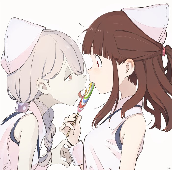 2girls braid brown_eyes brown_hair candy commentary_request food from_side grey_hair hair_over_shoulder kagari_atsuko licking little_witch_academia lollipop long_hair multiple_girls pale_skin profile red_eyes simple_background single_braid sucy_manbavaran tongue upper_body usurik wrist_cuffs yuri