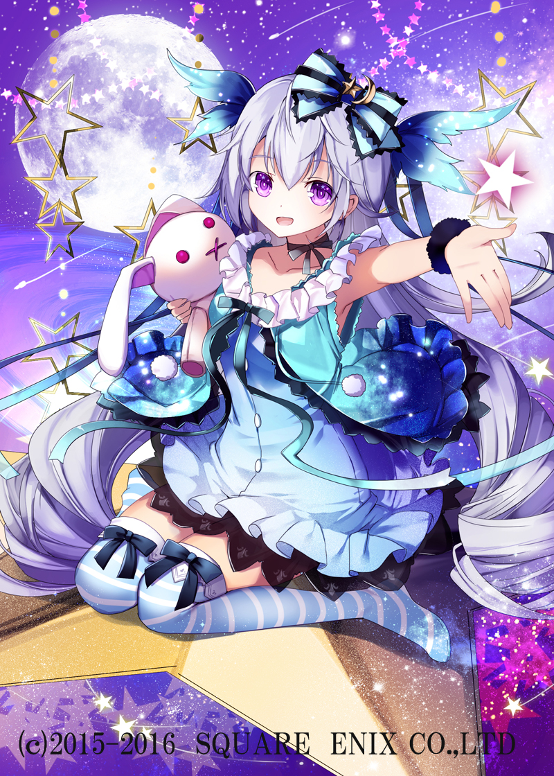 1girl :d bad_id bad_pixiv_id bangs blue_dress blue_hair bow bracelet dress eyebrows_visible_through_hair hair_bow hand_up holding holding_stuffed_animal jewelry kaku-san-sei_million_arthur long_hair looking_at_viewer official_art open_mouth sitting sky smile solo star star_(sky) starry_moon starry_sky striped striped_legwear stuffed_animal stuffed_bunny stuffed_toy thigh-highs very_long_hair violet_eyes watermark yuuki_kira