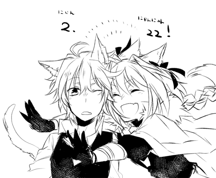2boys :d ahoge animal_ears bangs black_ribbon braid cape cat_ears cat_tail cloak closed_eyes eyebrows_visible_through_hair fang fate/apocrypha fate/grand_order fate_(series) gauntlets greyscale hair_ornament hair_ribbon long_braid long_hair male_focus monochrome multiple_boys one_eye_closed open_mouth ribbon rider_of_black shirt short_hair sieg_(fate/apocrypha) single_braid smile tail takasaki_(rock_rock) waistcoat white_background yaoi