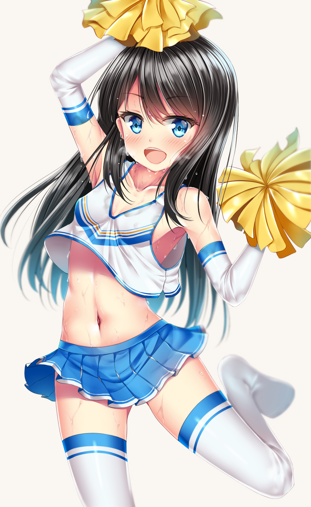 1girl :d alternate_costume arm_up armpits asashio_(kantai_collection) bangs bare_shoulders black_hair blue_eyes blue_skirt blurry blush breasts cheering cheerleader collarbone depth_of_field dripping elbow_gloves eyebrows_visible_through_hair gloves hair_between_eyes highres kantai_collection leg_up long_hair navel no_shoes open_mouth pleated_skirt pom_poms puririn skirt sleeveless small_breasts smile solo standing standing_on_one_leg stomach sweat sweating sweating_profusely swept_bangs tank_top thigh-highs wet white_gloves white_legwear zettai_ryouiki