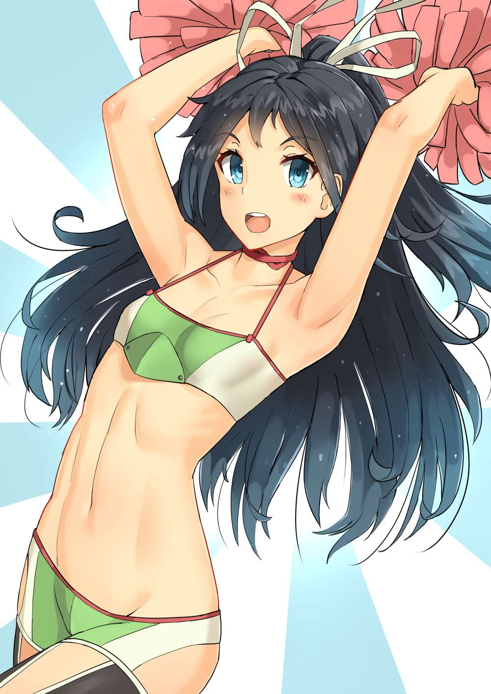 1girl :d armpits bangs bare_arms bare_shoulders black_hair blue_eyes blush breasts cheerleader cowboy_shot eyebrows_visible_through_hair hair_ribbon halterneck high_ponytail highres holding kantai_collection katsuragi_(kantai_collection) long_hair looking_at_viewer navel open_mouth parted_bangs parted_lips pom_poms revision ribbon round_teeth small_breasts smile soil_chopsticks solo sports_bra standing stomach tareme teeth two-tone_background very_long_hair white_ribbon