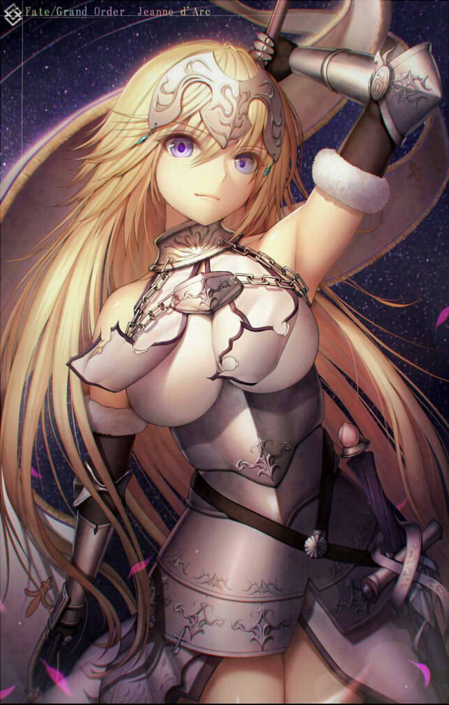 1girl arm_up armor armored_dress armpits bare_shoulders blonde_hair blue_eyes braid breastplate breasts detached_sleeves dress fate/apocrypha fate/grand_order fate_(series) faulds gauntlets hair_between_eyes headpiece hisahisahisahisa large_breasts long_hair md5_mismatch revision ruler_(fate/apocrypha) serious single_braid solo sword thigh-highs violet_eyes weapon