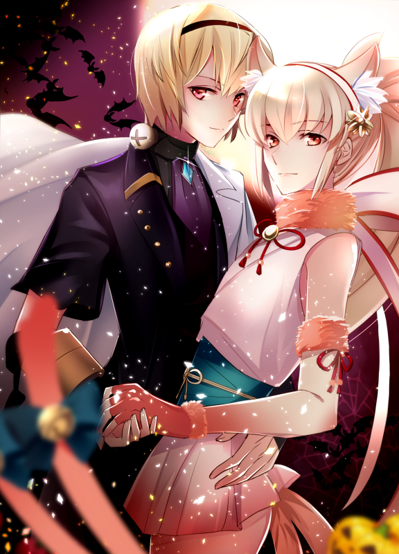 blonde_hair european_clothes fingerless_gloves fire_emblem fire_emblem_if formal gloves hand_holding japanese_clothes jewelry kokoron450 leon_(fire_emblem_if) looking_at_viewer necklace ponytail red_eyes simple_background smile suit takumi_(fire_emblem_if) white_background white_hair