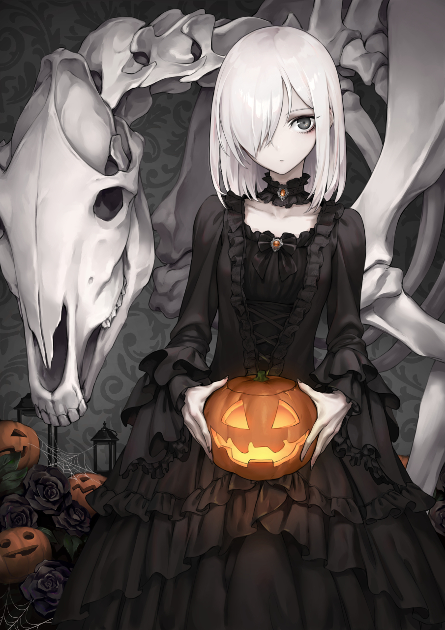 1girl black_dress black_neckwear black_ribbon black_rose choker closed_mouth dress flower frilled_dress frills gem grey_background grey_eyes hair_over_one_eye halloween highres holding horse jack-o'-lantern long_sleeves looking_at_viewer one_eye_covered oopartz_yang original pale_skin pumpkin ribbon rose short_hair skeleton standing white_hair