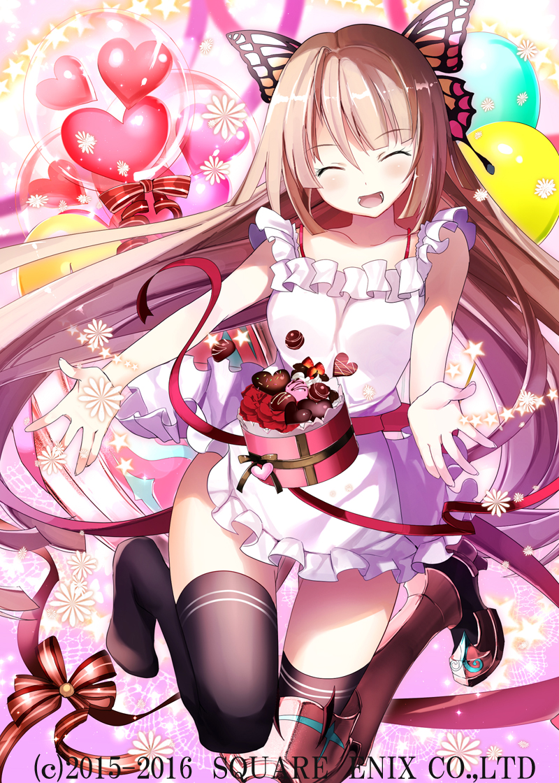 1girl :d apron armor bangs bare_arms black_legwear blush boots brown_hair butterfly_hair_ornament chocolate closed_eyes eyebrows_visible_through_hair facing_viewer floral_background full_body gauntlets gluteal_fold hair_ornament heart jumping kaku-san-sei_million_arthur long_hair no_shoes official_art open_mouth outstretched_arms pink_background single_boot smile solo spread_arms thigh-highs thigh_boots very_long_hair watermark yuuki_kira